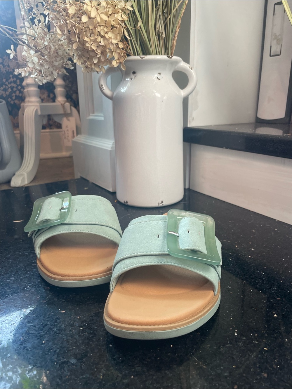 Reef Mint Green Slide Sandals with Oversized Buckle